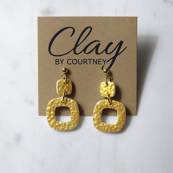 Geometric Polymer Clay Gold Hammered Square Dangle