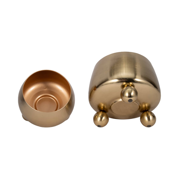 Plant Pot Set of 2 - Gold Metal Round with Ball Feet, 9/11in