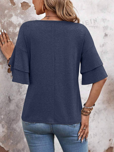 Womens Flutter Sleeve V Neck Summer Casual Blouse Top: Brown / 65%Rayon + 35%Polyester / L