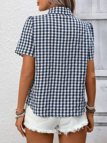 Gingham Button Front Short Sleeve Shirt: Navy / L