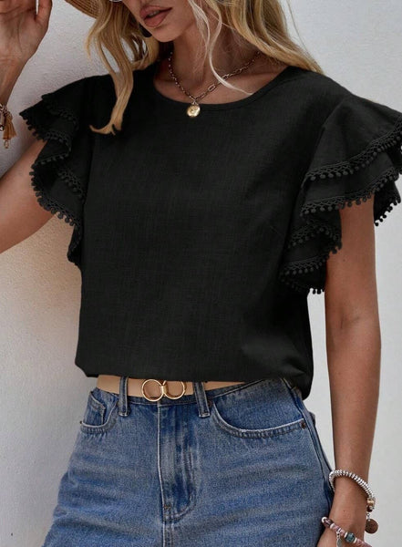 Crewneck Loose Lace Ruffle Short-Sleeved T-Shirt Top: Black