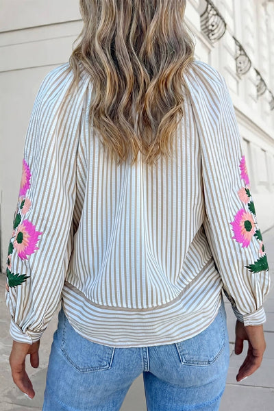 Floral Embroidered Striped Blouse | S-XL: Khaki Stripe / S