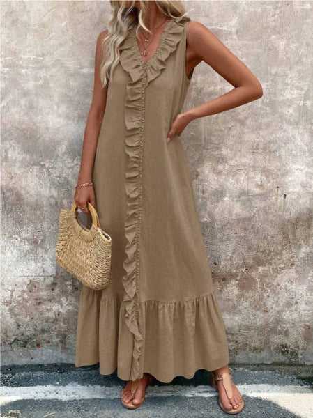 Solid-colored cotton V-neck loose wide-hem dress: DARKBLUE / (L) 1