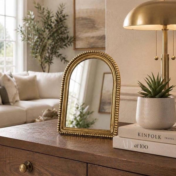 Table Top Mirror - Gold Glass Glam Beaded Arch Framed, 8 in.