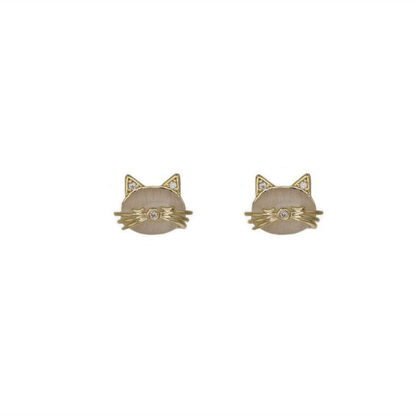 Cute Mini Opal Cat Stud Earrings in 925 Sterling Silver: Silver