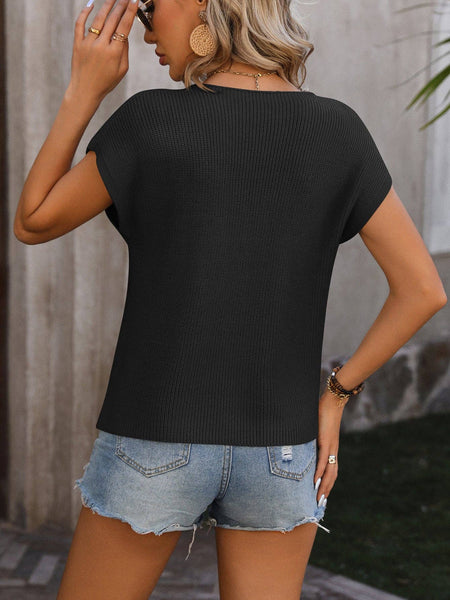 Women Crew Neck Short Sleeve Knit Top with Pocket: Green / 30% Nylon +70% Acrylic / S