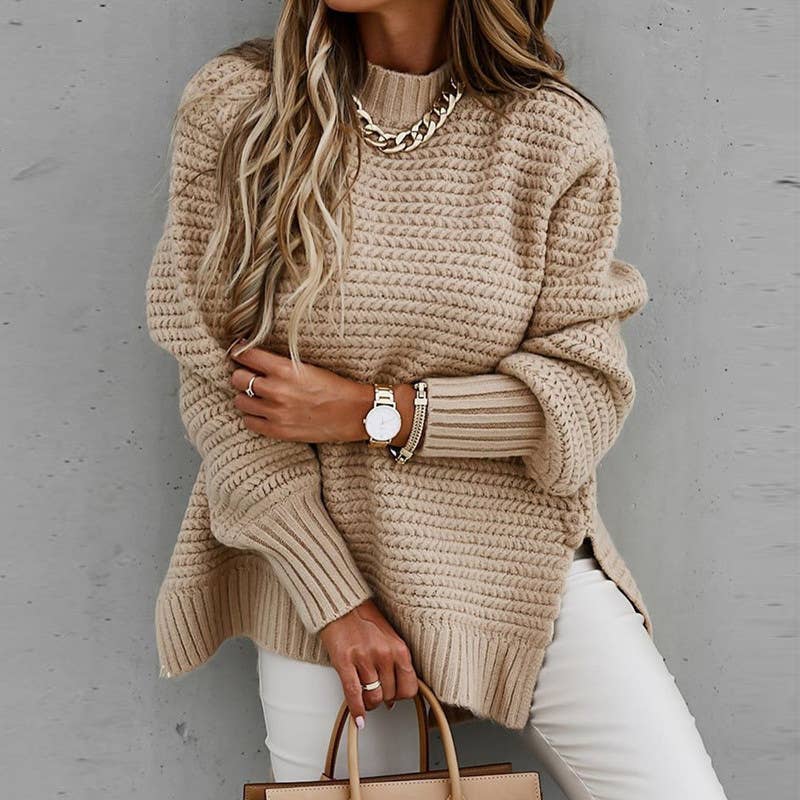 Chunky knit side split  plain knit sweater jumper: Beige / M