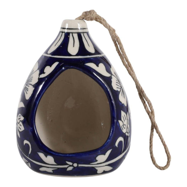 Bird Feeder - Blue/White Ceramic Teardrop Shape House, 12 in