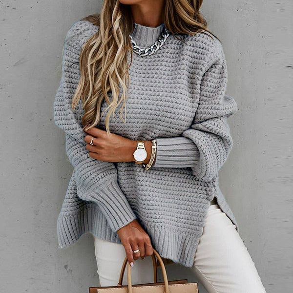 Chunky knit side split  plain knit sweater jumper: Beige / M