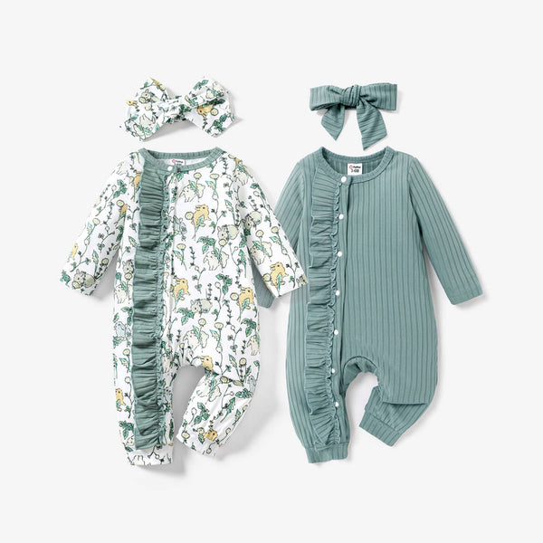 2pcs Baby Girl Green Rabbit  Ruffle Jumpsuit Set: 6-9 Months / White