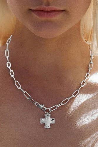 Silver Necklace NOTABLE HAMMERED CROSS FRONT TOGGLE