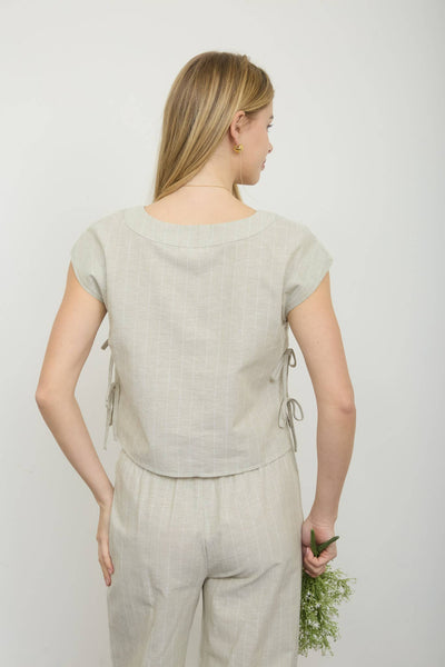 STRIPE LINEN SIDE TIE DETAIL SHORT SLEEVE TOP : NAVY