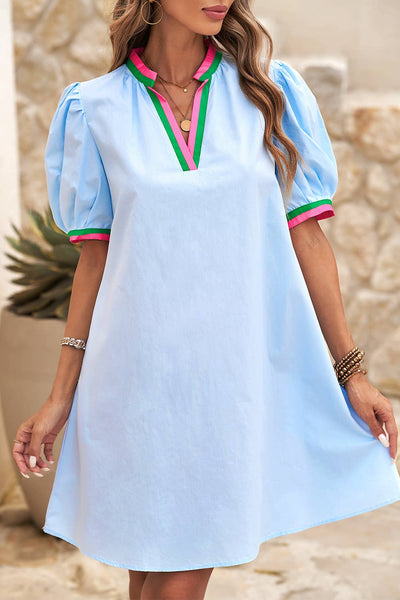 Dress Striped Detail Notched Neck Puff Sleeve Dress:  / S