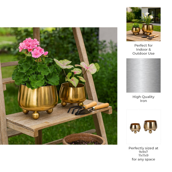 Plant Pot Set of 2 - Gold Metal Round with Ball Feet, 9/11in