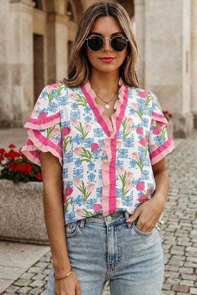 Floral Print Ruffled Trim V Neck Blouse |/ M