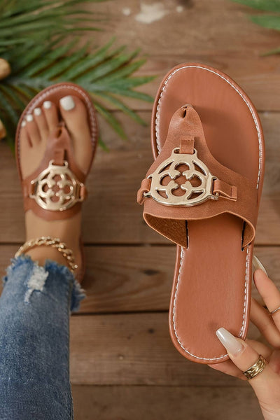Sandals- Metal Decor Leather Thong Slippers: Chestnut / (US 9)