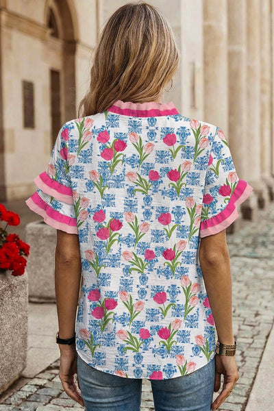 Floral Print Ruffled Trim V Neck Blouse | S-XL: As shown / S