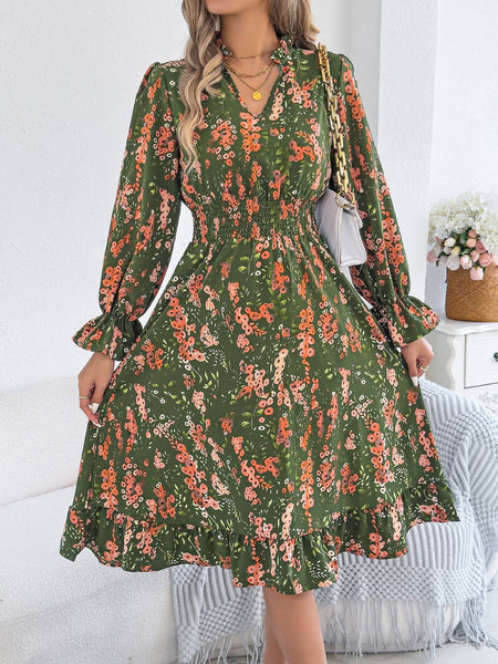 Floral Print Smocked Waist Long Sleeve Midi Dress: Green / XL