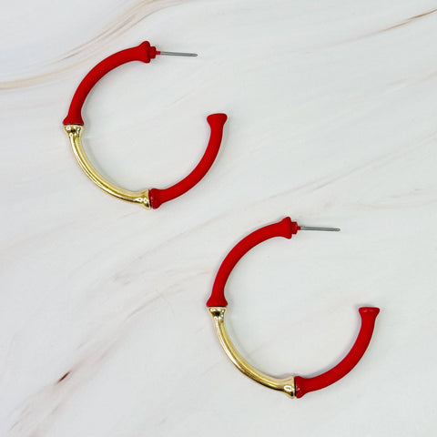 Color Coated Bamboo Hoop Earrings: Red