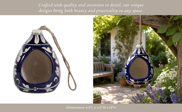 Bird Feeder - Blue/White Ceramic Teardrop Shape House, 12 in
