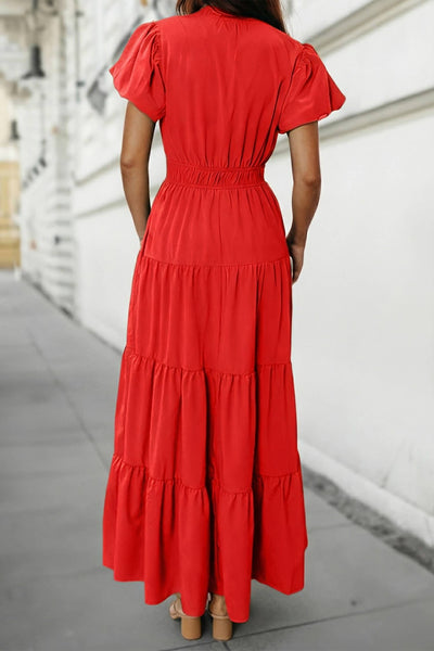 Solid V Neck Short Puff Sleeve Tiered Maxi Dress | S-XL: Bright Green / M