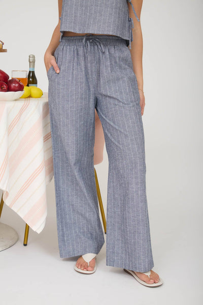 STRIPE LINEN DRAWSTRING LOUNGE PANTS : NAVY