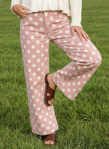 Polka Dot Straight Leg Cotton Denim Span Pants VP83369B: Brown / M
