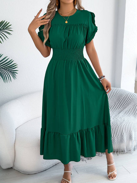 Smocked Waist Ruffle Sleeve Midi Dress: Black / XL