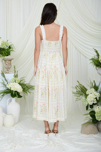 FLORAL DROP WAIST SLEEVELESS MIDI DRESS: CREAM MULTI