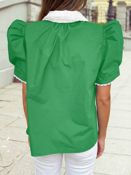 Ricrac Trim Patchwork Shirt Collar Short Sleeve Blouse Green / S
