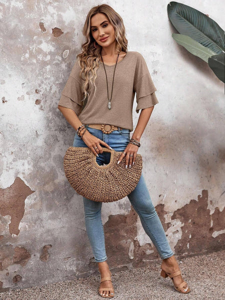 Womens Flutter Sleeve V Neck Summer Casual Blouse Top: Brown / 65%Rayon + 35%Polyester / S