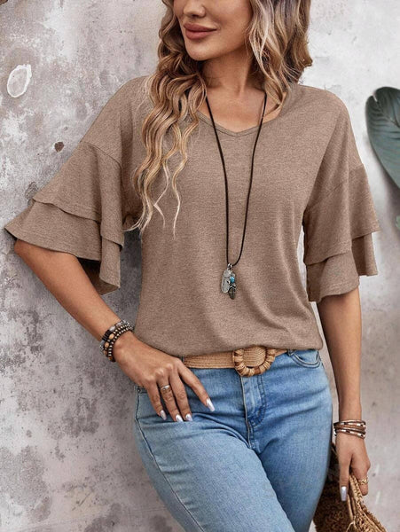 Womens Flutter Sleeve V Neck Summer Casual Blouse Top: Brown / 65%Rayon + 35%Polyester / XL