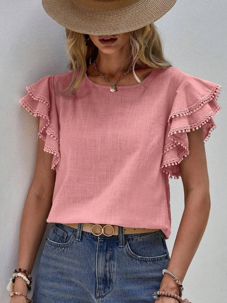 Casual Crew Neck Ruffle Batwing Short Sleeve Top: Khaki / XL