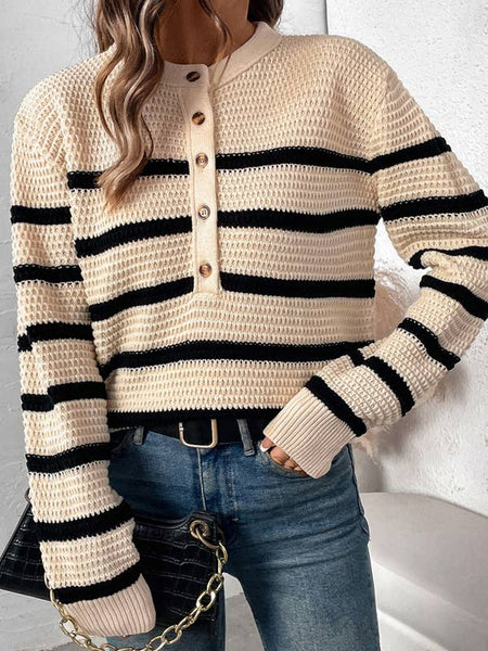 Striped Henley Open Knit Sweater: M