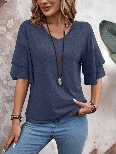 Womens Flutter Sleeve V Neck Summer Casual Blouse Top: Brown / 65%Rayon + 35%Polyester / XL