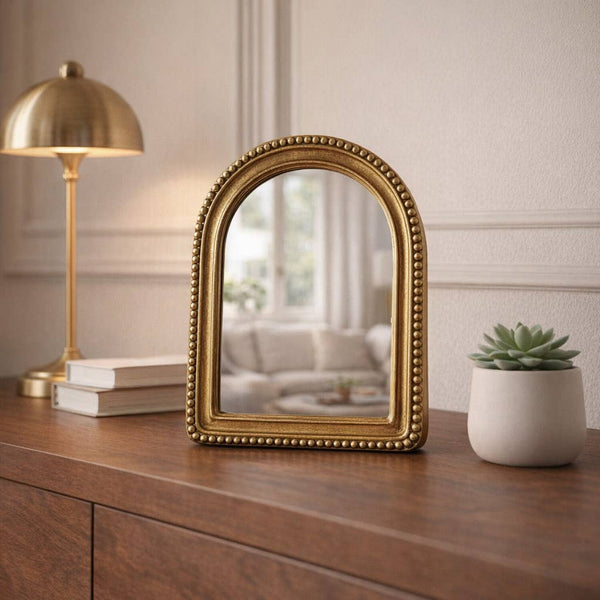 Table Top Mirror - Gold Glass Glam Beaded Arch Framed, 8 in.
