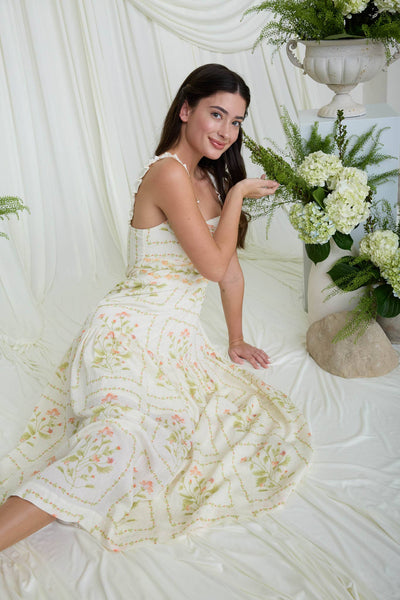 FLORAL DROP WAIST SLEEVELESS MIDI DRESS: CREAM MULTI