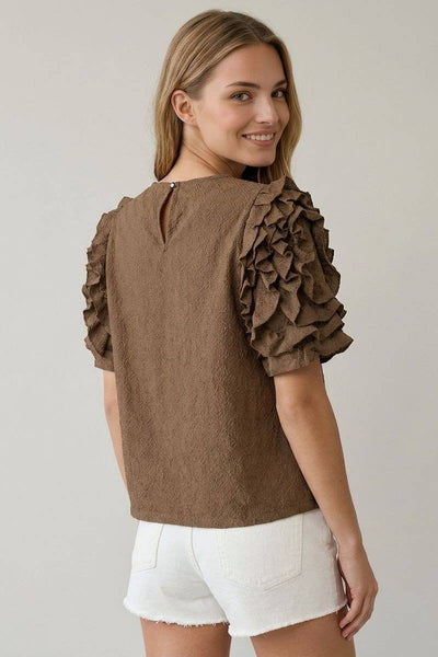 DIAMONT TEXTURED RUFFLE PUFF SLEEVE TOP - 46027T-1: COFFEE / Contemporary / L