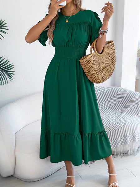 Smocked Waist Ruffle Sleeve Midi Dress: Black / S