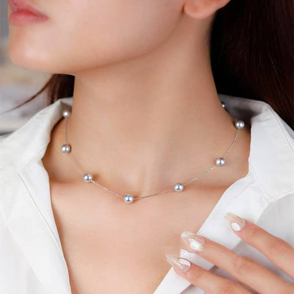 Minimalist Pearl Station Necklace in 925 Sterling Silver: Gold / 6mm