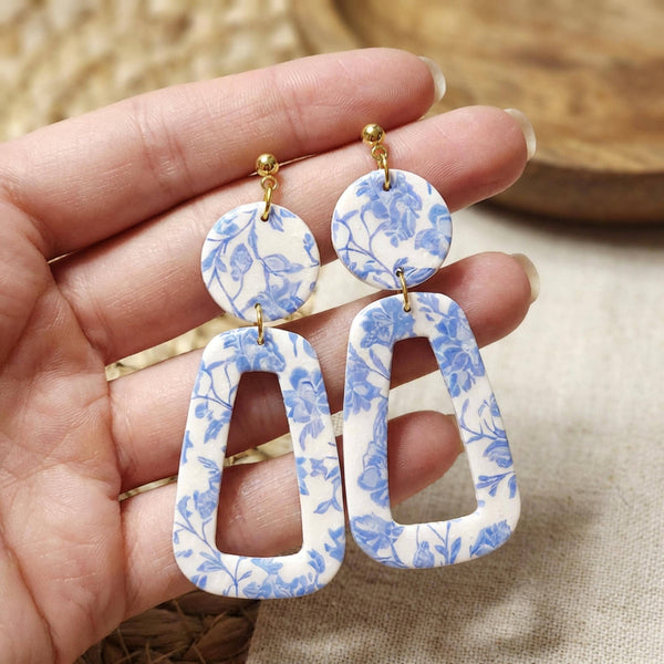 Blue Chinoiserie Polymer Clay Toile Dangle Earrings: 2