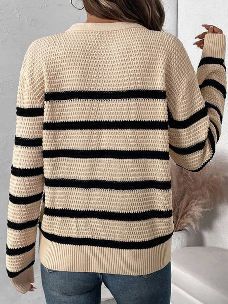 Striped Henley Open Knit Sweater: M