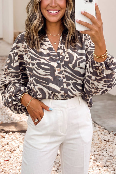 LDC Leopard Shift V Neck Daily Long Sleeve Shirts: Parchment / S