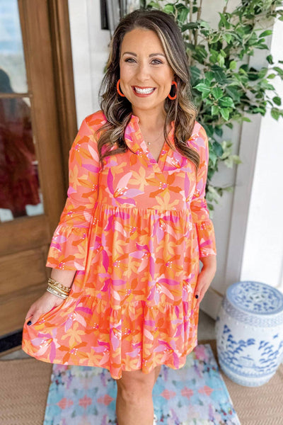 Green Abstract Print Ruffled Sleeve V Neck Dress: Green / 100%Polyester / XL