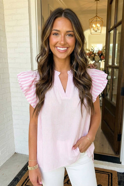 PINK Stripe Contrast V Neck Flutter Sleeve Blouse / L