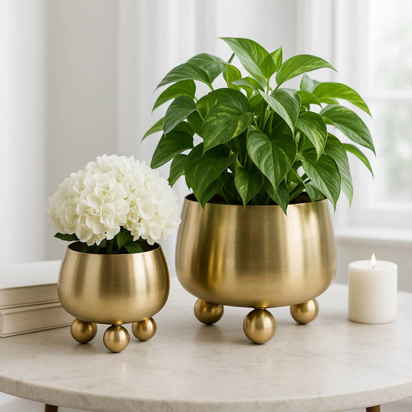 Plant Pot Set of 2 - Gold Metal Round with Ball Feet, 9/11in
