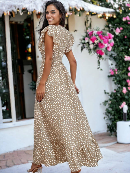 Abstract Print Shirred Waist Maxi Dress: Brown