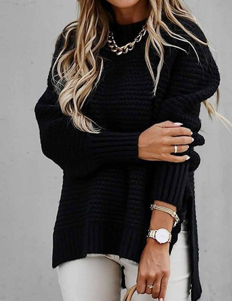 Ladies Solid Color Pullover Side Split Long Sleeves Sweater: Red / S