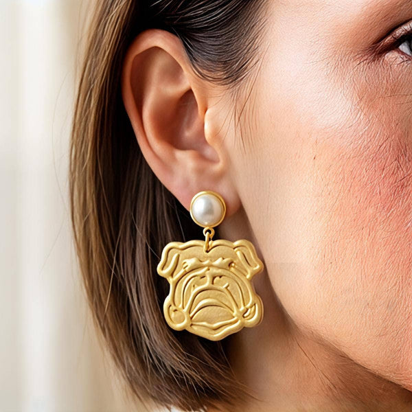 Handcrafted Bulldog Dangle Earring: Gold