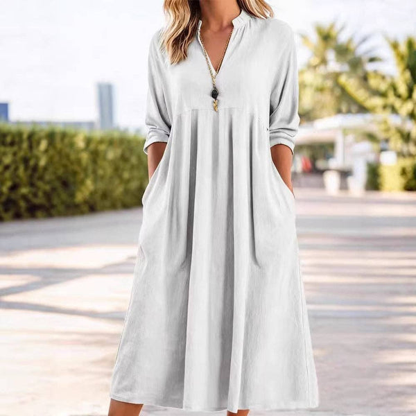 Solid Color Long Sleeve V Neck Pocket Dress: Khaki / L